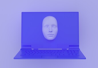 Aufkleber - Minimal surreal 3D illustration with a laptop and a face appearing from its screen. Concept of cybersecurity and anonymization.