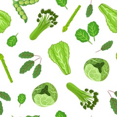 Wall Mural - Green vegetables seamless pattern. Healthy vegetable background with cabbage, lettuce, spinach, etc. Organic food ingredient print in cartoon style. Vector illustration