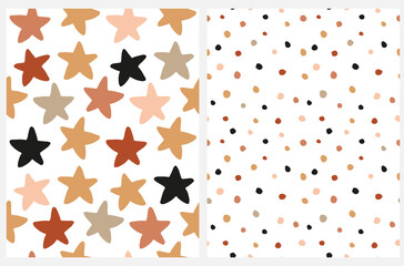 Abstract Hand Drawn Geometric Seamless Vector Patterns. Beige, Black and Pink Dots and Stars Isolated on a White Background. Starry Repeatable Vector Design. Irregular Dotted Print.