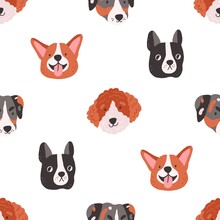 Seamless Pattern With Cute Funny Dogs Faces On White Background. Design Of Repeatable Backdrop With Doggies Heads. Canine Print With Sweet Adorable Puppies Muzzles. Colored Flat Vector Illustration