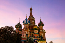 Beautiful Of Sunset Sky Scene With Domes Of The Famous Head Of St. Basil's Cathedral On Red Square, Moscow, Russia