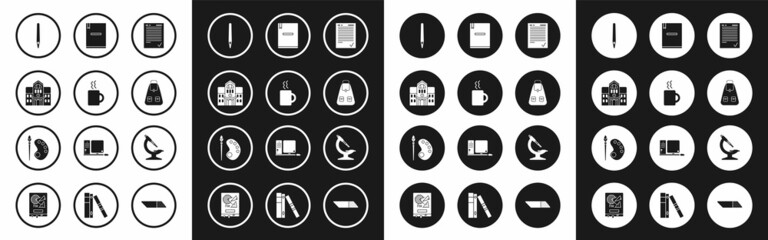 Sticker - Set Exam sheet with check mark, Coffee cup, School building, Pen, backpack, Notebook, Microscope and Paint brush palette icon. Vector