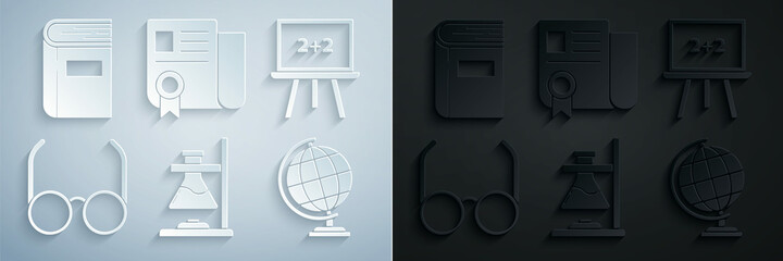 Sticker - Set Glass test tube flask on fire, Chalkboard, Glasses, Earth globe, Certificate template and Book icon. Vector