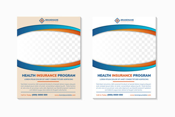 Poster - Medical insurance and health care flyer design. space for photo with transparency white shadow. Vertical layout with orange and blue gradient on element.
