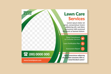 Wall Mural - lawn care and gardening service flyer design template use green gradient color. brochure template design with horizontal layout. leaf shape for photo space. 