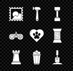 Wall Mural - Set Picture landscape, Hammer, Dumbbell, Chess symbol, Popcorn in cardboard box, Shovel the ground, Gamepad and Heart with animals footprint icon. Vector