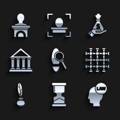 Poster - Set Magnifying glass with footsteps, Old hourglass, Head law, Prison window, Feather and inkwell, Courthouse building, Hand holding money bag and Stage stand or debate podium rostrum icon. Vector