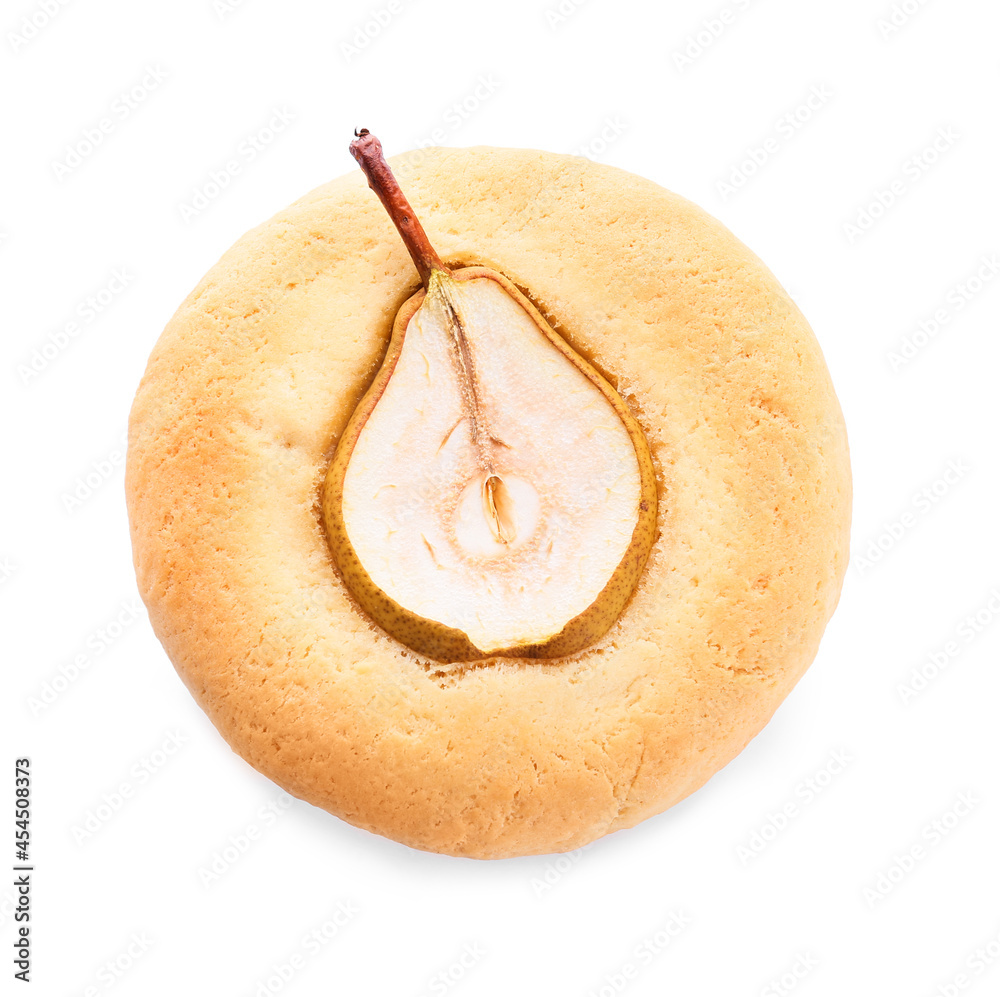 Tasty pear pot pie on white background