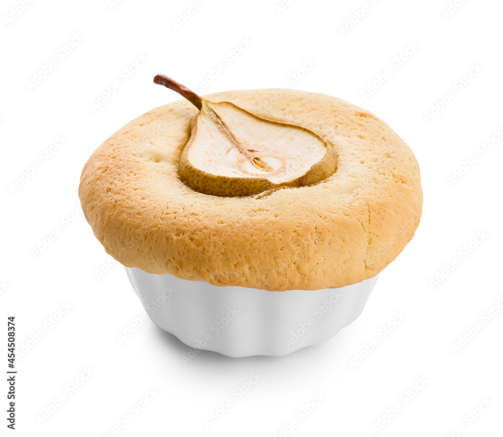 Tasty pear pot pie on white background