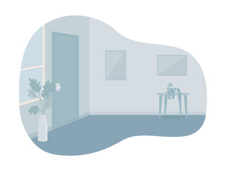 Poster - Empty room with closed door 2D vector isolated illustration. No people at place flat characters on cartoon background. Living room decoration interior. Nobody at comfortable dwelling colourful scene