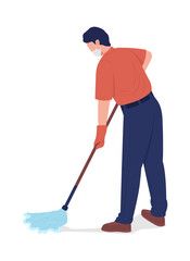 Poster - Cleaner mopping floor semi flat color vector character. Male with mop figure. Full body person on white. Man in face mask isolated modern cartoon style illustration for graphic design and animation