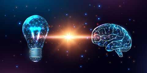 Wireframe polygonal human brain and lightbulb. Internet technology network, business idea concept. Futuristic modern abstract. Isolated on dark blue background. Vector illustration.