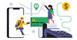 © kostymo - Online food delivery service to your home. Safe food delivery during a pandemic. Masked courier, online payment, terminal, check, bank card, map, street, gps, virus, phone, app. Vector illustration.