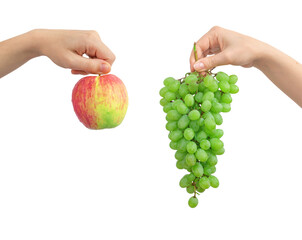 Wall Mural - Red apple and green grape in hands, mix fruits isolated on a white background photo