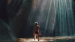 beautiful woman in waterfall cave wearing bikini exploring underground cavern alone with water splashing through light rays