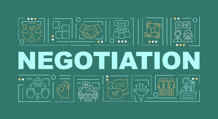 Wall Mural - Negotiation word green concepts banner. Conflict management strategy. Infographics with linear icons on turquoise background. Isolated creative typography. Vector outline color illustration with text