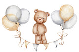 Fototapeta Fototapety na ścianę do pokoju dziecięcego - Teddy bear, balloons and flags; watercolor hand drawn illustration; with white isolated background