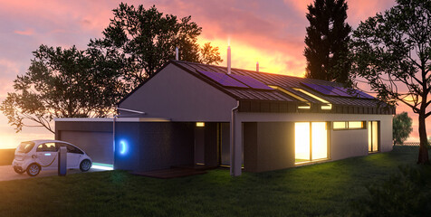 Modernes Einfamilienhaus auf dem Lande bei Sonnenuntergang