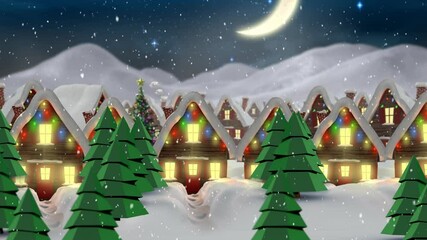 Wall Mural - Animation of snow falling over houses covered in snow decorated with christmas fairy lights and moon