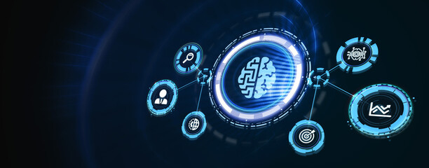 Artificial intelligence (AI), machine learning and modern computer technologies concepts. Business, Technology, Internet and network concept. 3d illustration