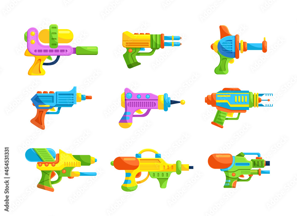 Bright gun children toy set. Blaster, handgun, raygun and laser weapon ...