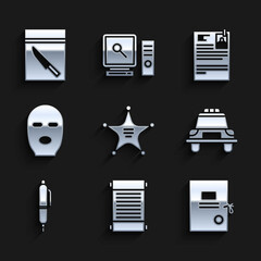 Sticker - Set Hexagram sheriff, Decree, paper, parchment, scroll, Lawsuit, Police car and flasher, Pen, Thief mask, and Evidence bag knife icon. Vector