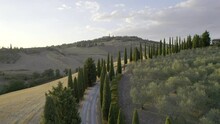 Tuscany, Town of Pienza, in The Val d'Orcia, Aerial View at Sunset