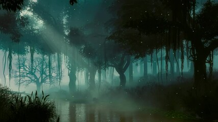 Wall Mural - mysterious woodland landscape with supernatural fairy firefly lights above swampy forest river among