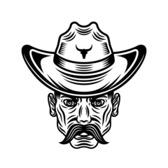 Wall Mural - Cowboy man head with mustache in hat vector illustration in vintage black and white style isolated