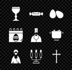 Wall Mural - Set Wine glass, Candy, Easter eggs, Jesus Christ, Candelabrum with candlesticks, Christian cross, Calendar and Priest icon. Vector