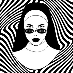 Wall Mural - Rock'n' roll. Vector hand drawn  illustration of nun in sunglasses.  Creative tattoo artwork. Template for card, poster, banner, print for t-shirt, pin, badge, patch.