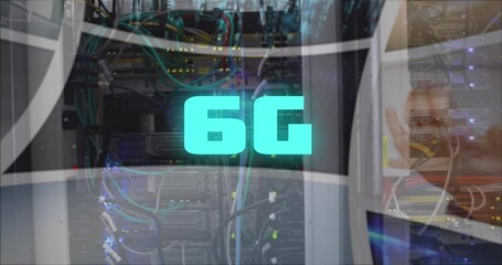 Poster - Animation of 6g text and computer server cables over colourful clips playing on composite screens