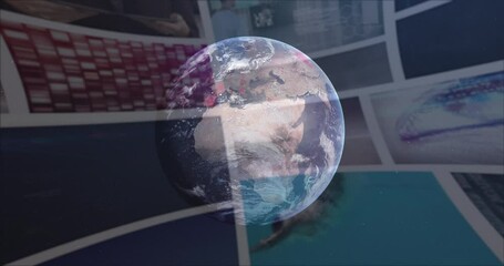 Poster - Animation of globe in space over colourful clips playing on composite screens