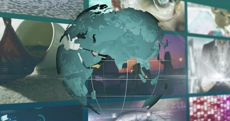 Poster - animation of blue globe rotating over colourful clips playing on composite screens