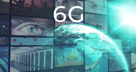 Poster - Animation of 6g text over glowing blue globe and various clips playing on composite screens