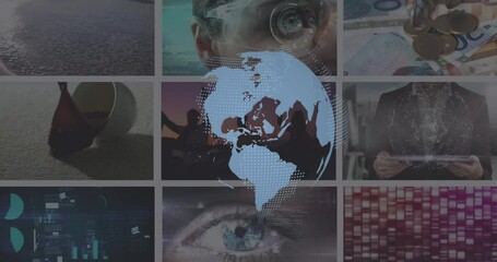 Poster - animation of white globe rotating over various clips playing on composite screens