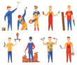 © the8monkey - Builders. Construction workers with professional equipment during various building activity. Set of flat professional construction workers engineers characters