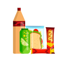 Snack Product Set. Fast Food Snacks Drinks, Chips, Juice And Sandwich Isolated On White Background. Classic Fast Food Nutrition In Flat Style. Illustration Of Restaurant Menu Snack