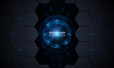 Poster - Abstract vector innovation technology concept background with circuit board and hexagonal grid. Blue bright energy flashes under hexagon. Circuit board HUD interface futuristic technology background.
