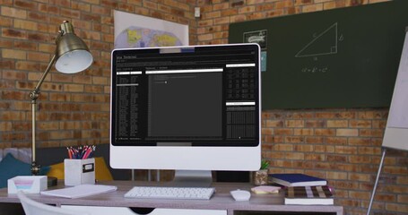 Poster - Computer screen with data processing standing on desk in office