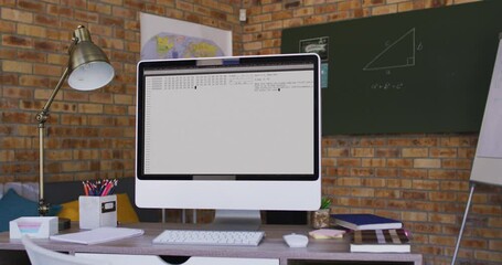 Poster - Computer screen with data processing standing on desk in office