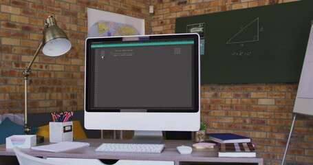 Poster - Computer screen with data processing standing on desk in office
