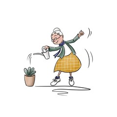 Grandmother is watering the plant. Happy grandma. World senior citizen’s day. Active lifestyle