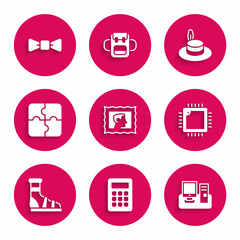 Sticker - Set Postal stamp, Calculator, Monitor with keyboard, Processor CPU, Slippers socks, Piece of puzzle, Man hat and Bow tie icon. Vector