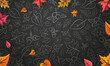 Autumn background. Blackboard. Falling leaves on black textured background. Vector autumn pattern with acorns, berries and autumn leaves