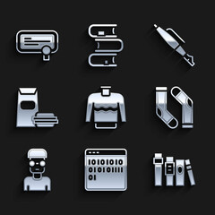 Poster - Set Sweater, Binary code, Book, Socks, Nerd geek, Burger, Fountain pen nib and Certificate template icon. Vector