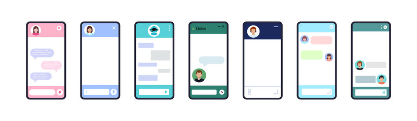 Chat bot dialoge windows on smartphone screen flat design set isolated. Ai robot chat online service concept. Vector illustration of talk interface with chatbot robot, people avatar, message bubble.