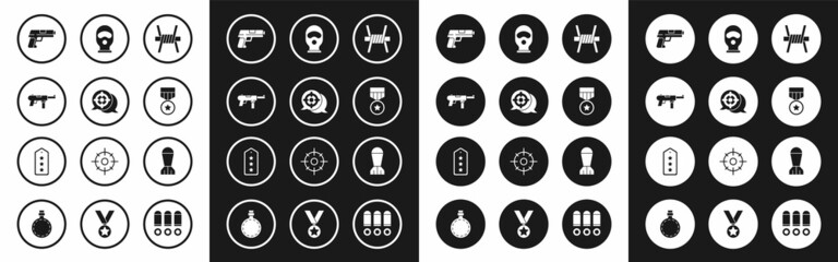 Poster - Set Barbed wire, Target sport, Submachine gun M3, Pistol, Military reward medal, Balaclava, Aviation bomb and rank icon. Vector