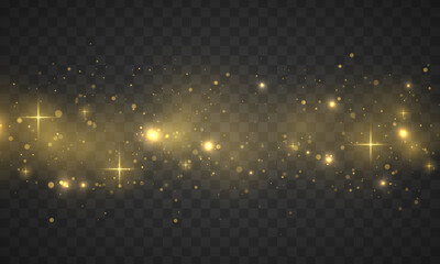 Aufkleber - Festive purple and golden luminous background. The dust sparks and golden stars shine with special light. Bokeh lights effect isolated on transparent background. Christmas concept. Vector illustration