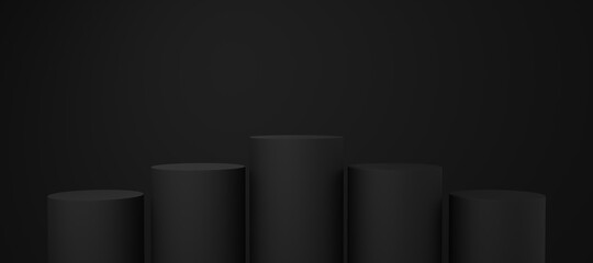 Wall Mural - 5 Empty black cylinder podium floating on black copy space background. Abstract minimal studio 3d geometric shape object. Monotone pedestal mockup space for display of product design. 3d rendering.